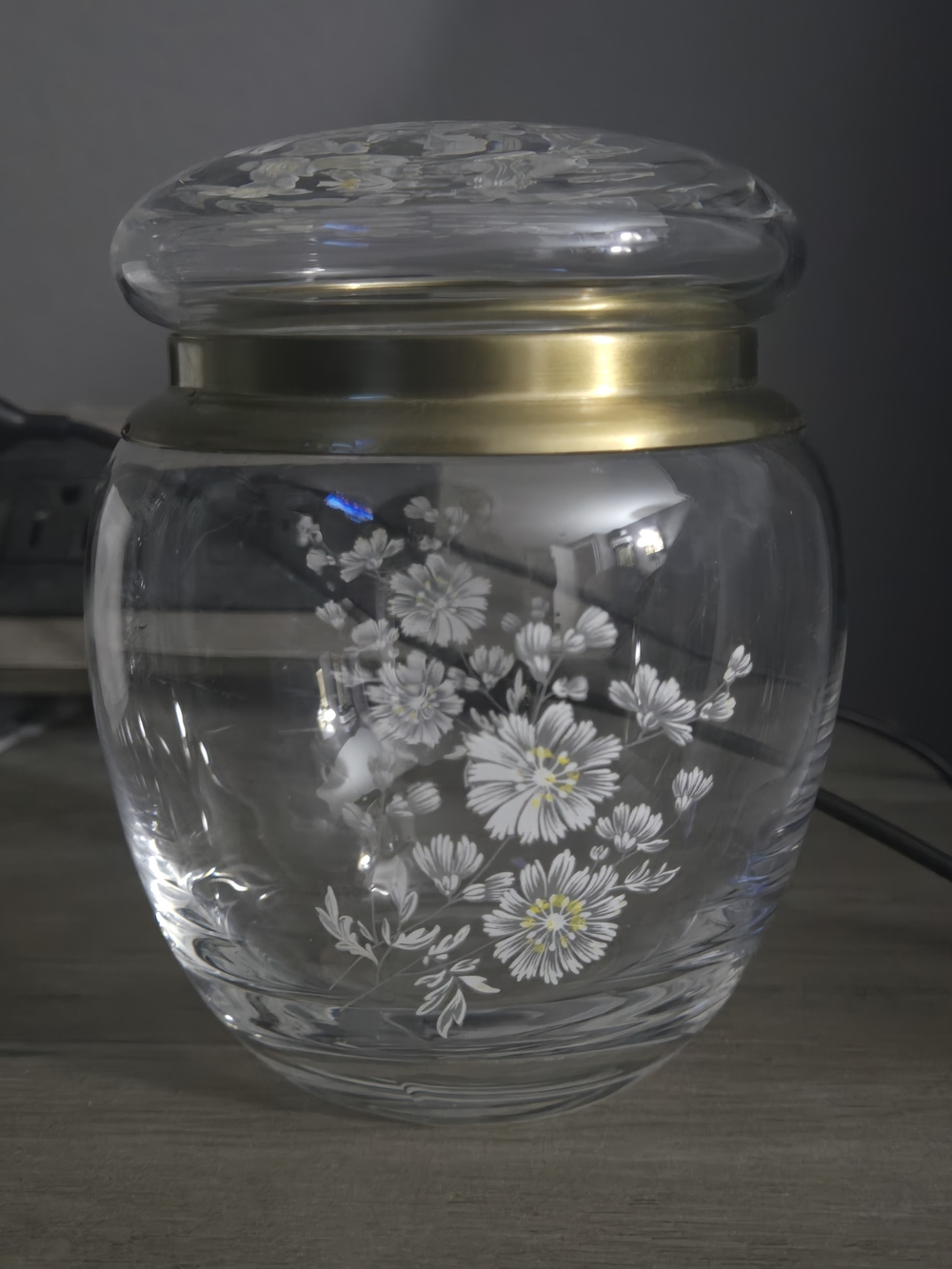 Vintage Glass And brass or gold-toned Lid Rim With White Floral Etchings